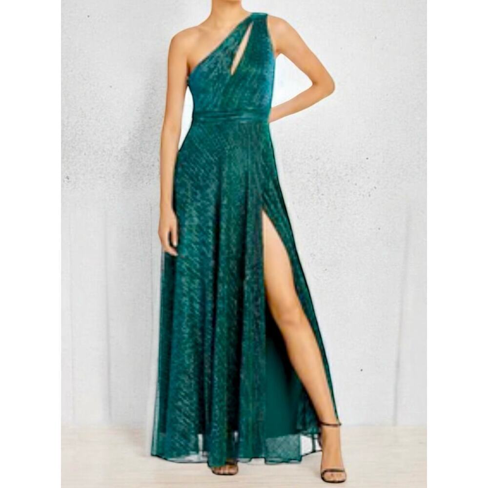 Aqua One Shoulder Crinkled Metallic Gown – Size 2